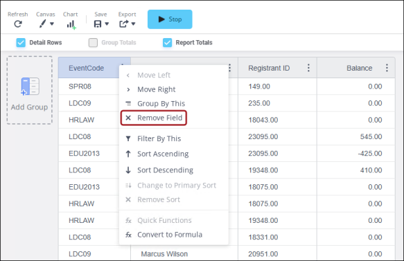 Removing the EventCode property from the report